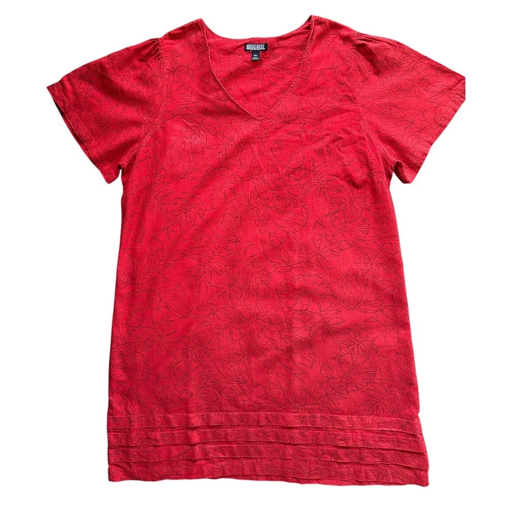 Nicole Miller Tunic Top Womens XXL Red Excellent Linen Blend Tropical V-Neck